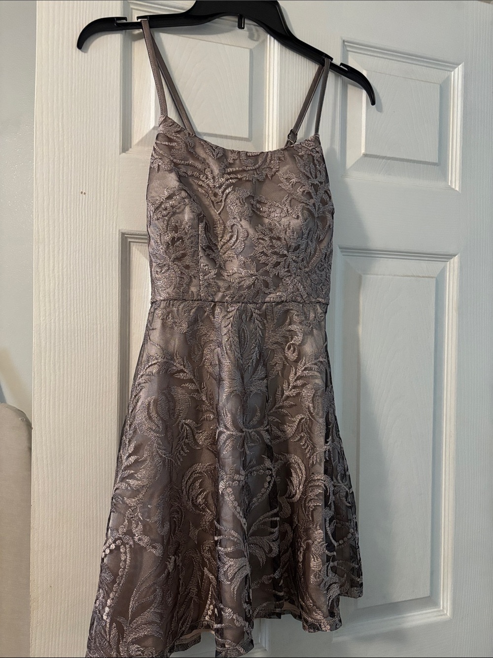 Speechless Metallic Lace Mini Dress in Taupe